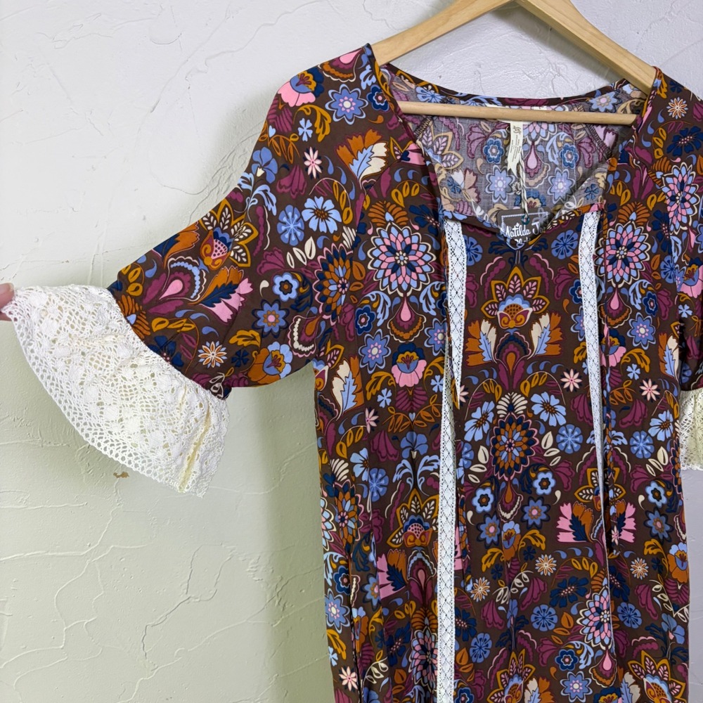 NEW Matilda Jane Dress Womens XS Brown Floral Lace Trim Boho Peasant Cottagecore - Picture 4 of 14